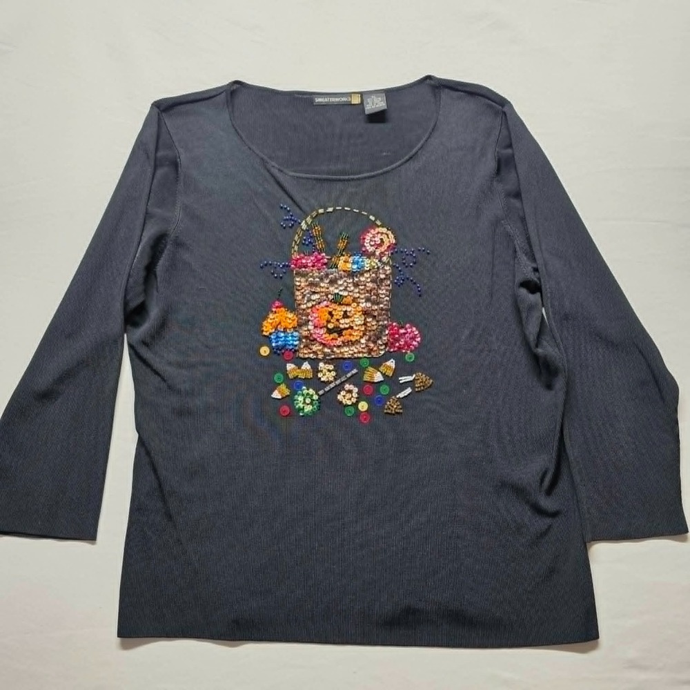 Sweaterworks Sequined Black ¾ Sleeve Top Fall Trick or Treat Basket Halloween XL